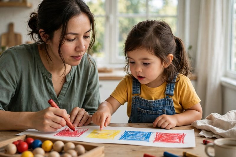 A mother draws big colored squares on a paper strip while her daughter watches and points