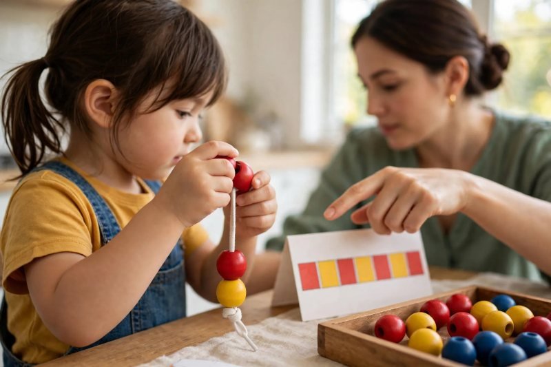 A little girl threads a red wooden bead onto a shoelace beside her red-yellow pattern card
