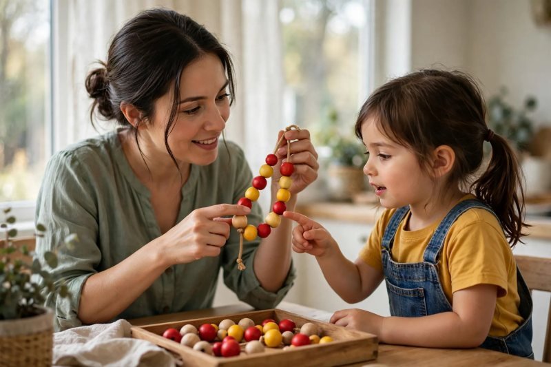 A mother slides her finger along a red-and-yellow bead necklace as her daughter points along
