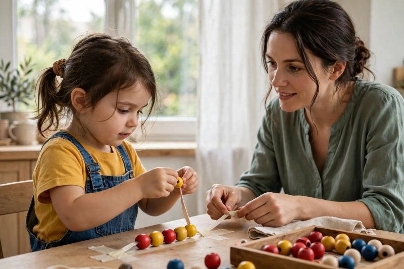 A four-year-old girl threads a yellow bead onto a lace her mother taped to the table