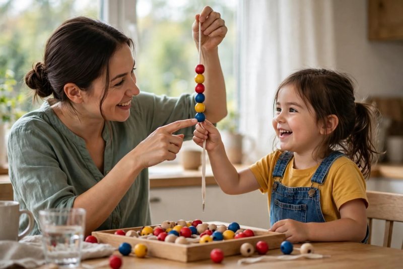 A giggling girl finds the wrong blue bead on her mother's held-up red-yellow necklace