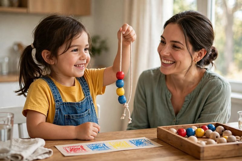 A beaming girl holds up her own invented red-blue-yellow bead necklace beside her drawn card