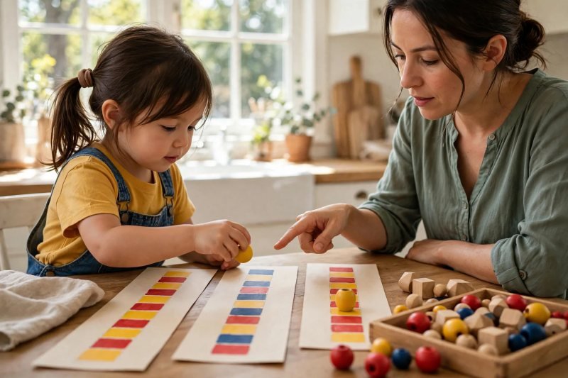 A girl places a yellow bead onto one of three paper cards showing different color-square rules