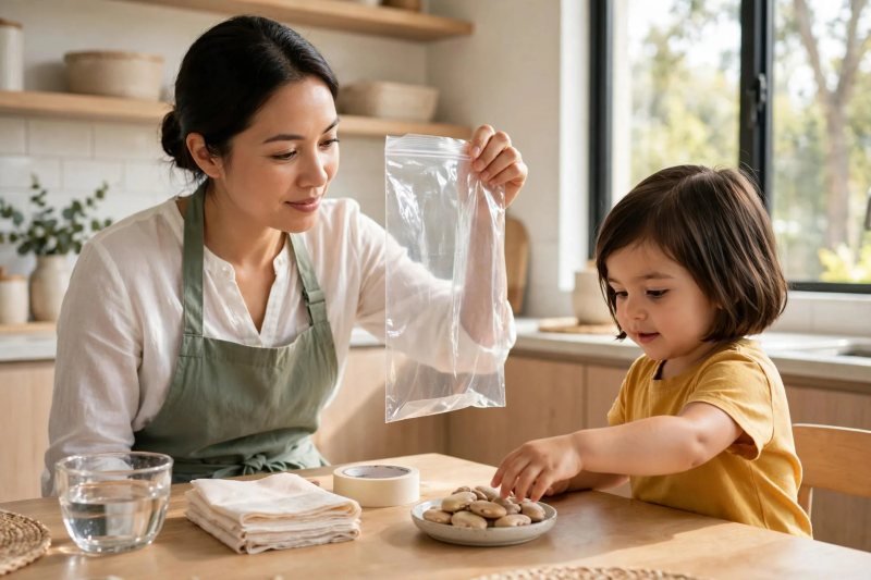 Mother and preschooler gathering zip bag, paper towels, beans, water and tape on the kitchen table