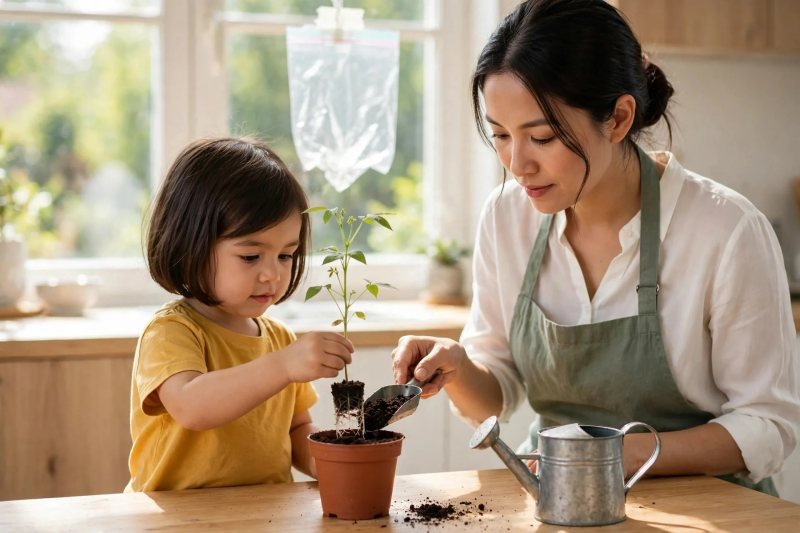Girl lowering the bean seedling into a terracotta pot while her mother adds soil