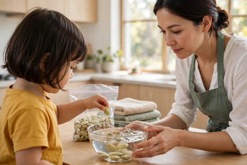 Preschooler's hand dropping a lima bean into a bowl of soaking water beside her mother