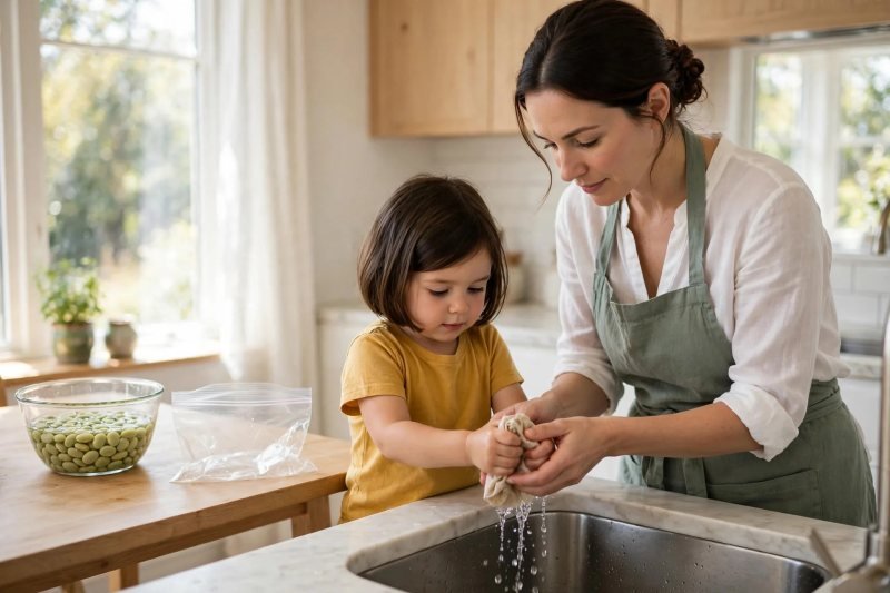 Mother guiding her daughter's hands wringing out a damp paper towel over the kitchen sink