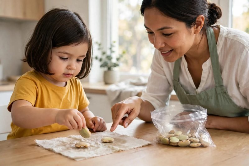 Preschooler placing lima beans with a finger-width space on a damp paper towel