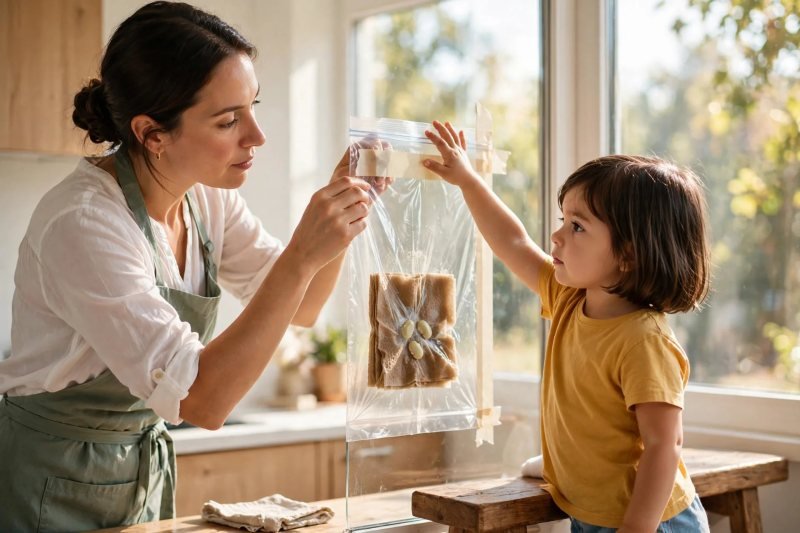 Mother and daughter taping the sealed bag of beans to the inside of the sunny window