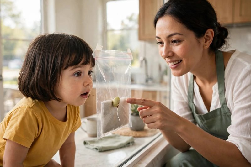 Preschooler nose-close to the window bag while her mother points at the tiny root tip