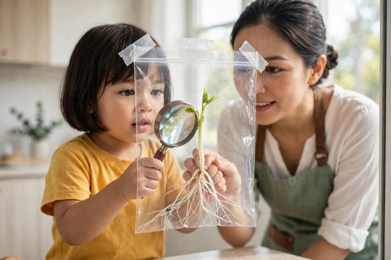 Girl holding a magnifying glass to the sprouted bean's roots and shoot inside the window bag