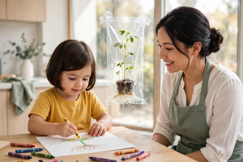 Preschooler drawing a crayon bean sprout at the table with the window bag behind her