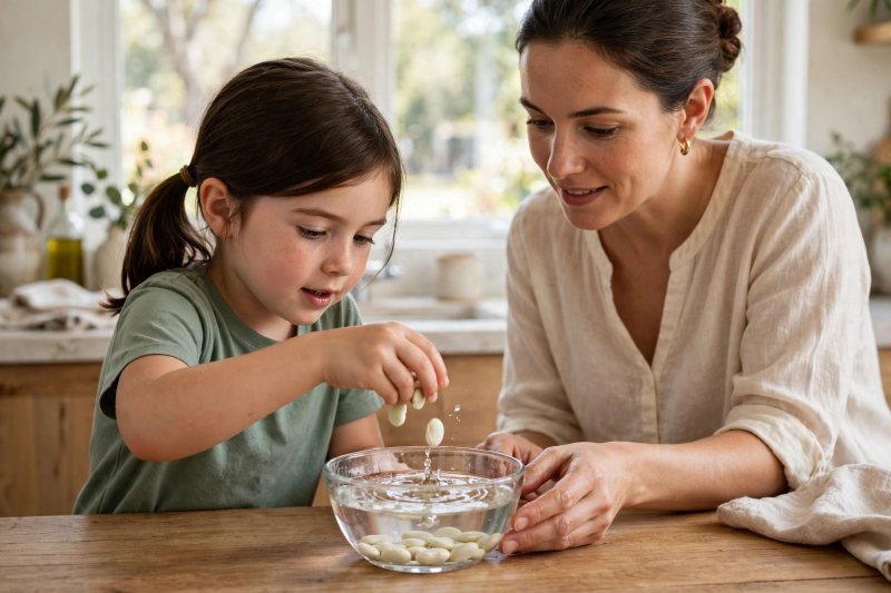 Girl dropping dried lima beans into a bowl of water with her mother guiding
