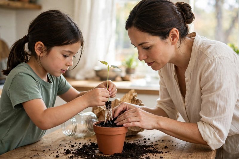 Girl planting the bean seedling roots-down in a small terracotta soil pot