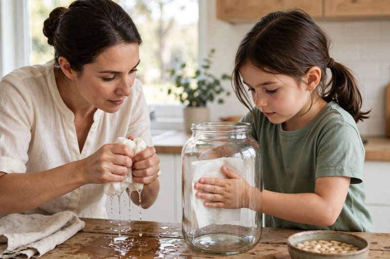 Mother wringing a damp paper towel while the girl presses one inside the jar