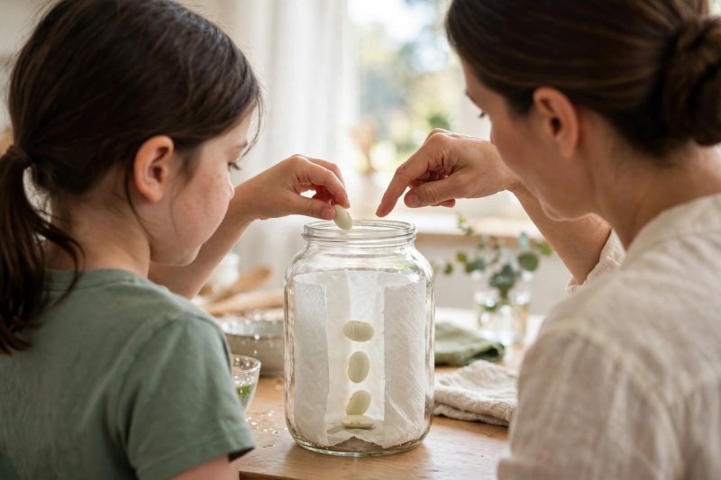 Girl tucking a soaked bean between the damp towel and the glass jar wall