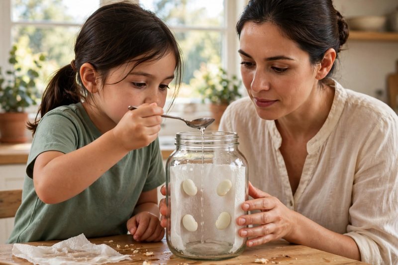 Girl spooning water lightly into the jar as her mother steadies it