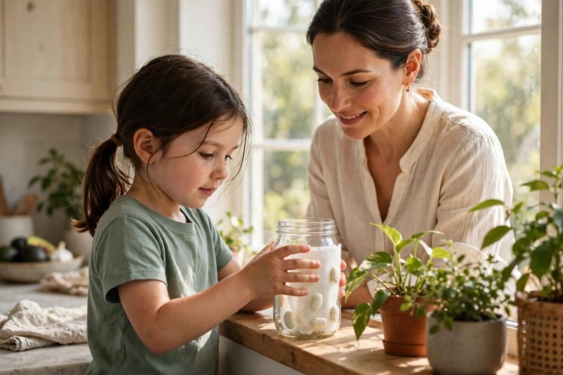 Girl setting the towel-lined bean jar on a warm sunny windowsill