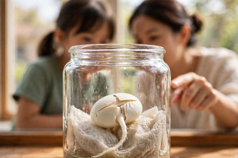 Close-up of a split bean seed coat with a white root tip emerging