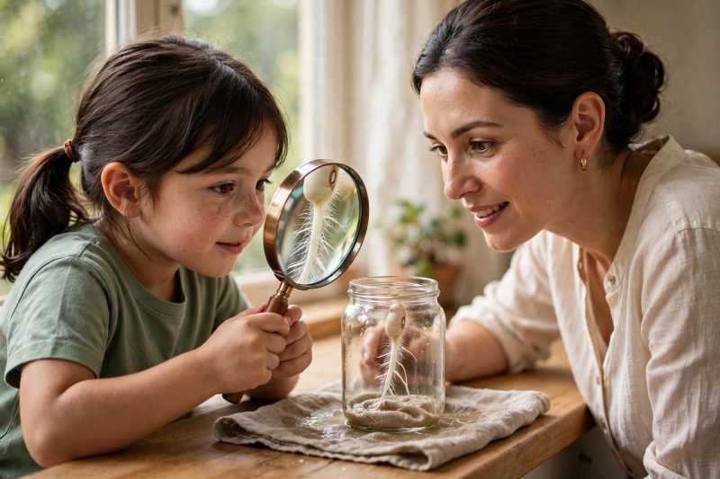 Girl peering through a magnifier at fuzzy white root hairs in the jar