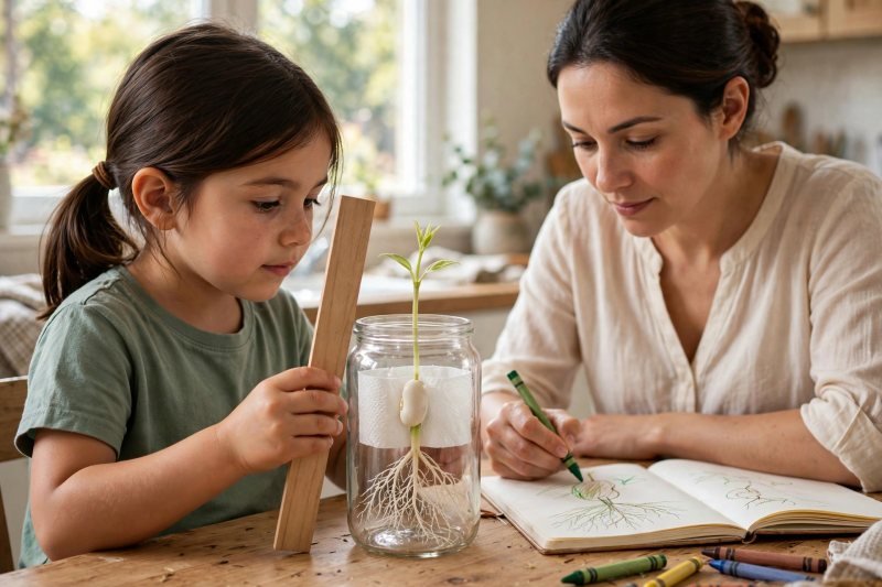 Girl measuring the longest root with a ruler while her mother sketches it