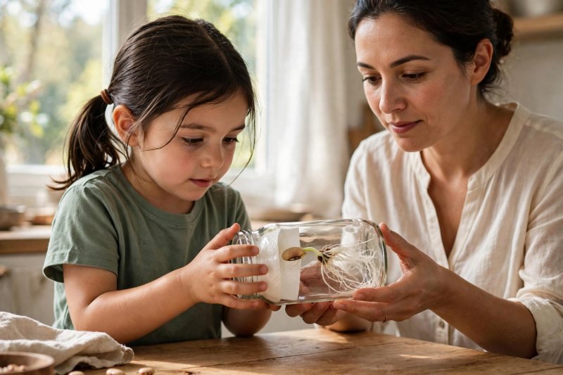 Girl and mother gently tipping the sprout jar on its side for the gravity test