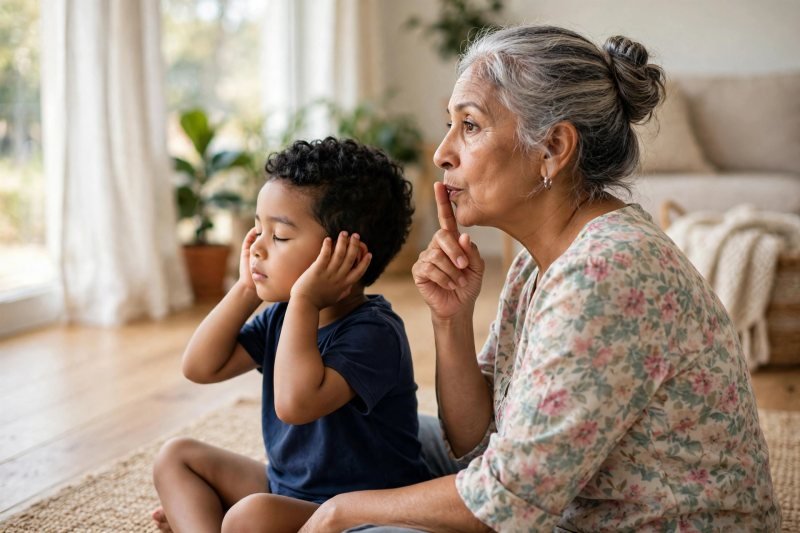 Little boy sitting with eyes closed cupping his ears to listen carefully