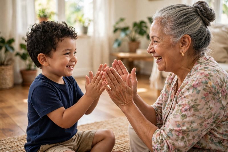 Grandmother and grandson mid-clap playing a name-sound game together