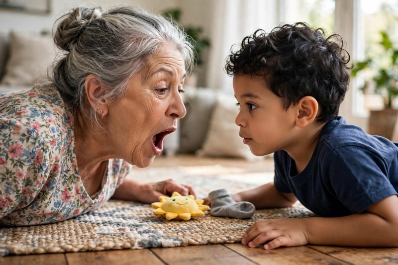 Grandmother exaggerating an sss mouth shape while her grandson watches intently