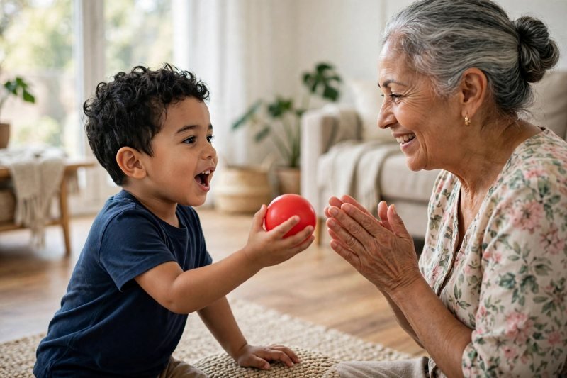Boy stretching a red ball toward his grandmother while making a buh sound