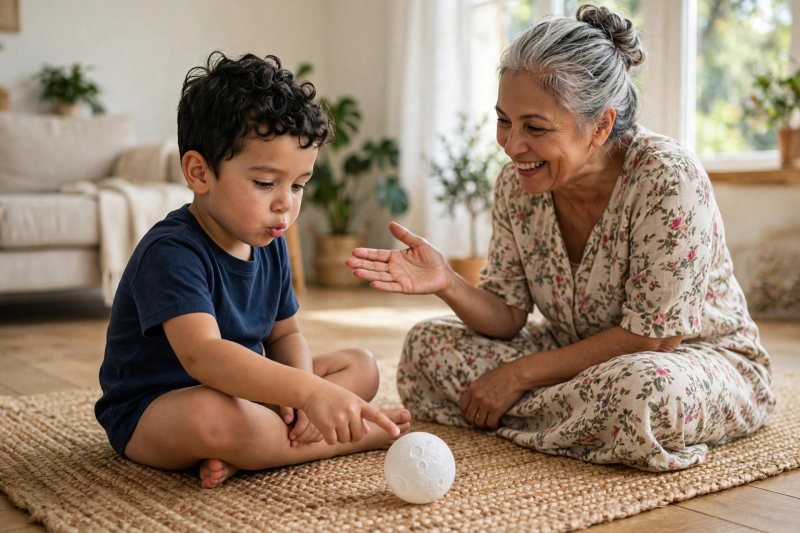 Boy pointing at a toy moon saying only its first mmm sound aloud