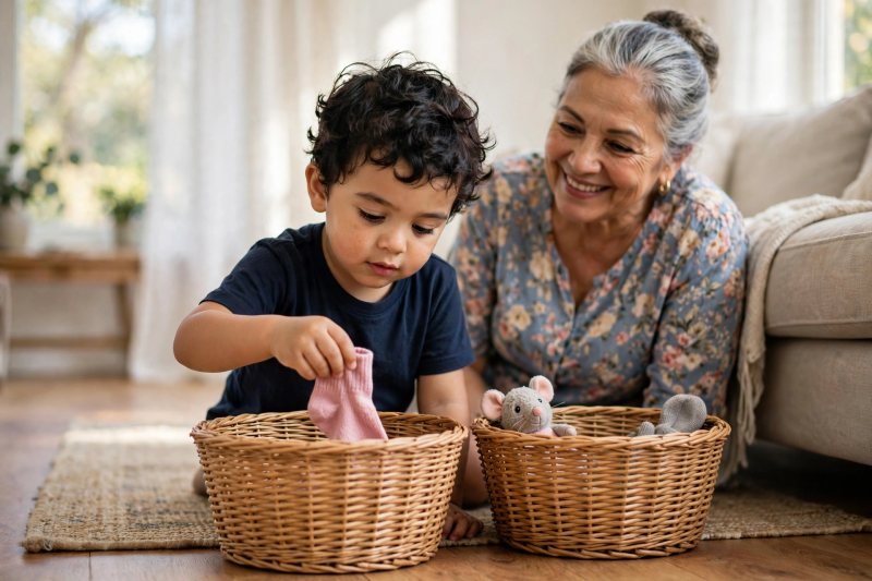 Boy dropping a sock into a wicker basket while sorting toys by sound