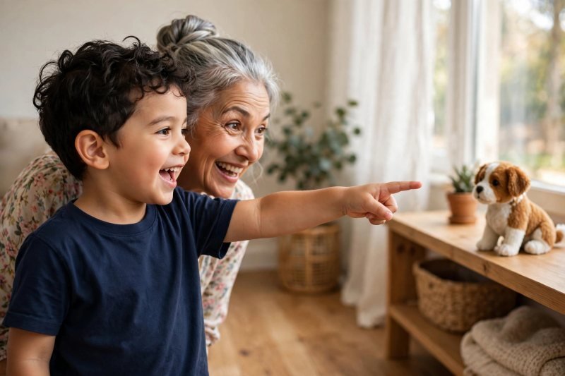 Boy pointing at a toy dog on a shelf during an I-spy listening game