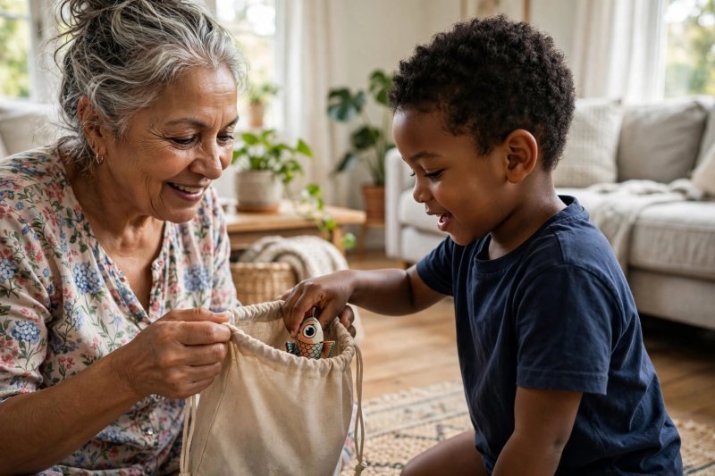 Boy reaching into a cloth bag while his grandmother holds it open