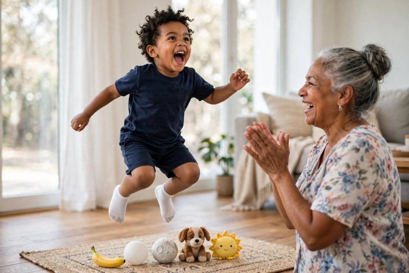 Boy mid-hop across the rug toward a line of small colorful toys