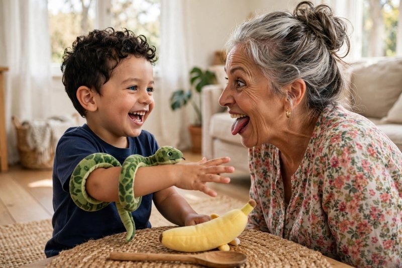 Laughing boy holding a toy snake while his grandmother makes a silly face