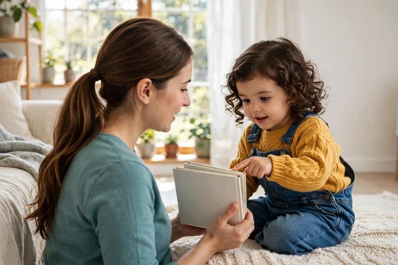 Mother and toddler girl choosing this week's nursery rhyme book together on the rug