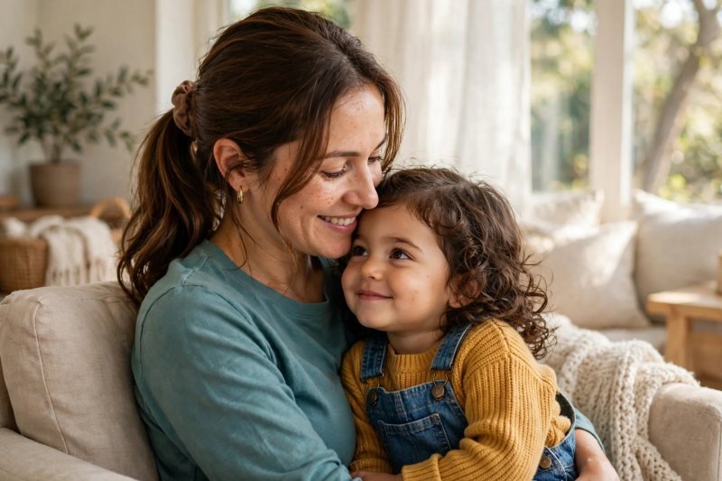 Mother and toddler cuddling in an armchair by the window, continuing their daily rhyme ritual
