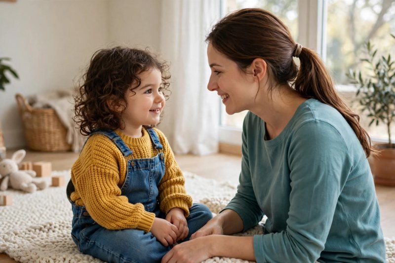 Mother and toddler sitting knee to knee, face to face, making warm eye contact before rhyming