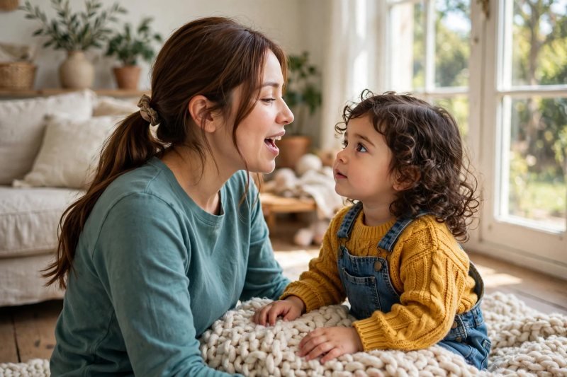 Mother singing a nursery rhyme slowly while her toddler watches her mouth intently