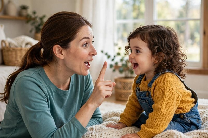 Mother pausing mid-rhyme with raised finger as toddler eagerly says the final rhyming word