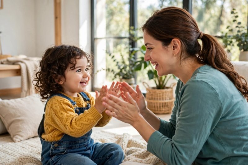 Mother and toddler clapping hands together in rhythm during their nursery rhyme