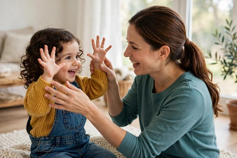 Mother guiding toddler's fingers through the twinkle-star hand motion on the rug