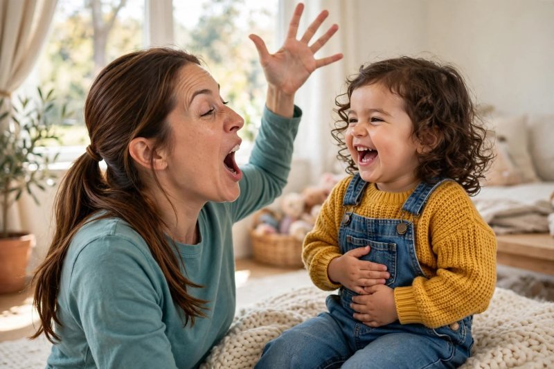 Mother singing in a silly opera voice while her giggling toddler clutches her tummy
