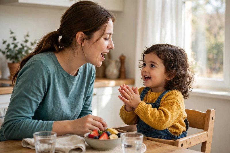 Mother and toddler singing their rhyme together at the sunny kitchen breakfast table