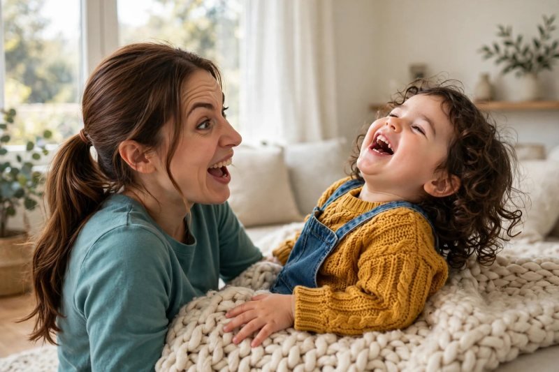 Toddler bursting into laughter as her mother swaps a silly word into the rhyme