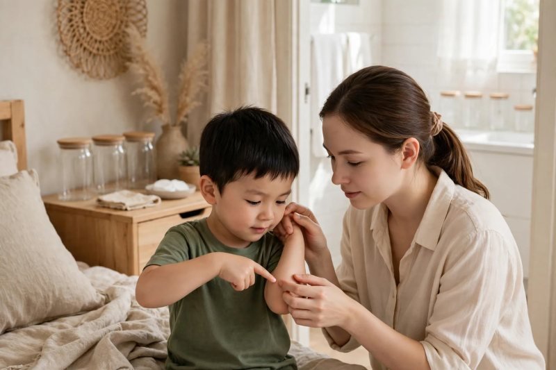 Mother checking boy's elbow skin while boy points at it
