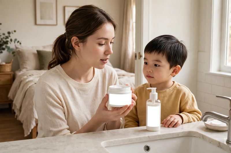 Mother holding plain cream tub beside thin lotion bottle at sink