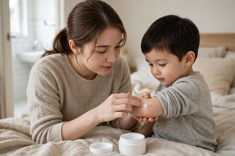 Mother applying small patch-test dab of cream inside boy's elbow