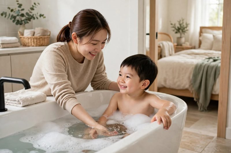 Boy smiling in bubble bath while mother tests water temperature